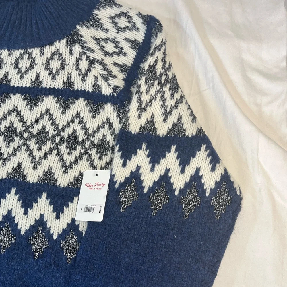 NWT Lucky Brand Fair Isle Mock Neck Sweater Blue Gray Women’s XL